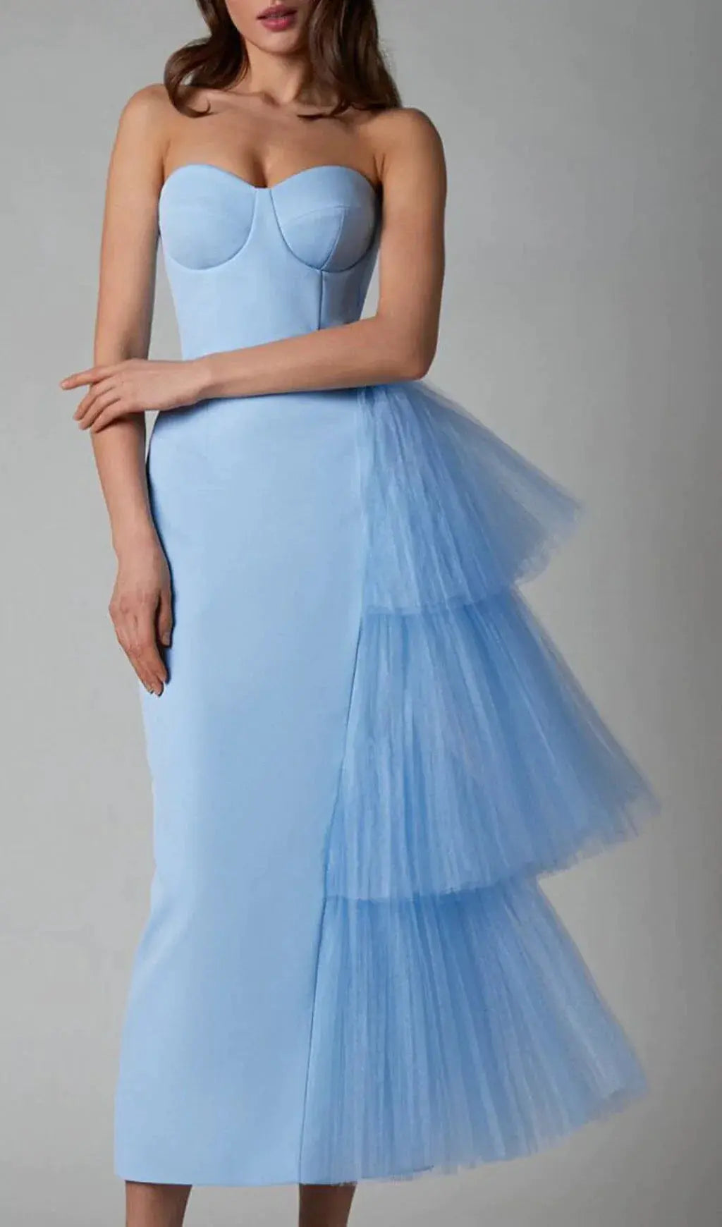 Fashionslee Women Mesh Stitched Dress In Light Blue