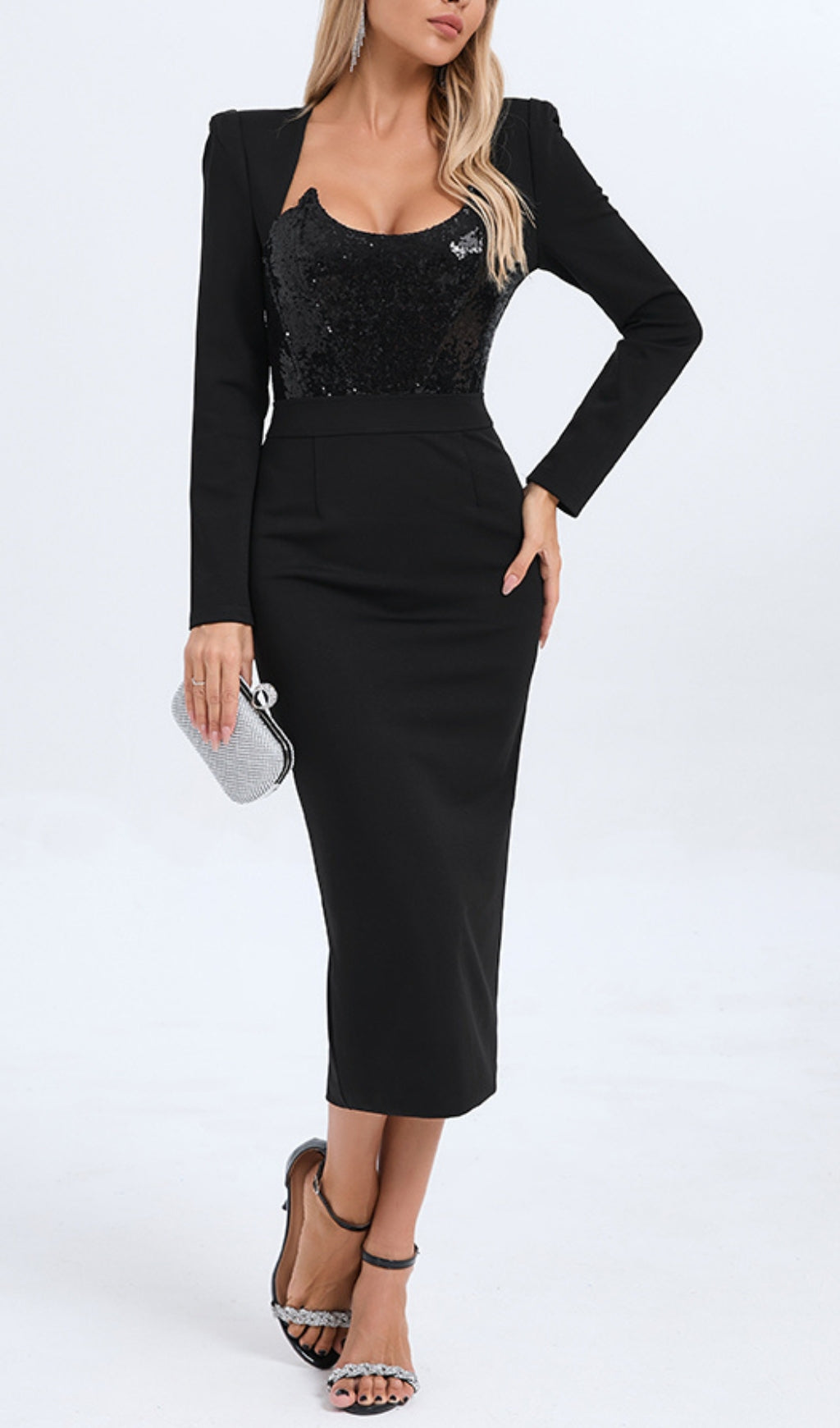 Fashionslee Women Britta Black Long Sleeve Sequin Midi Dress