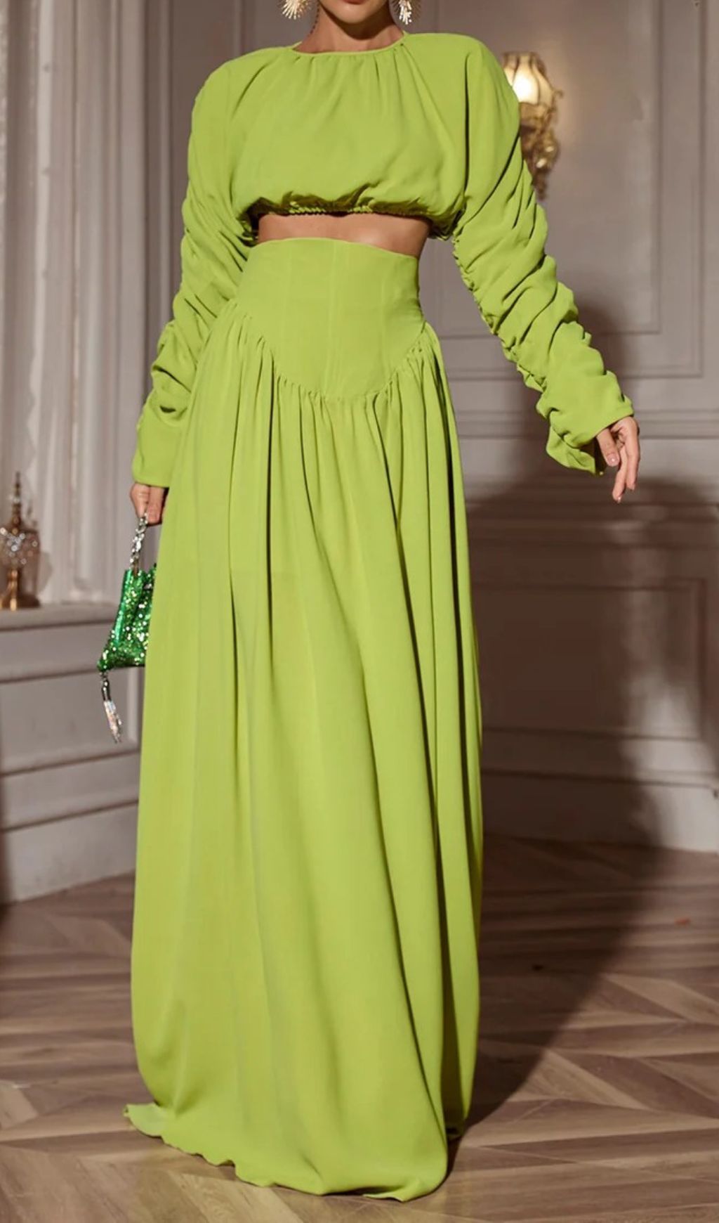 0ed637043b18f29edccd1a133fdf60a1.jpg Fashionslee Women Cricket Green Long Sleeve Ruched Skirt Set