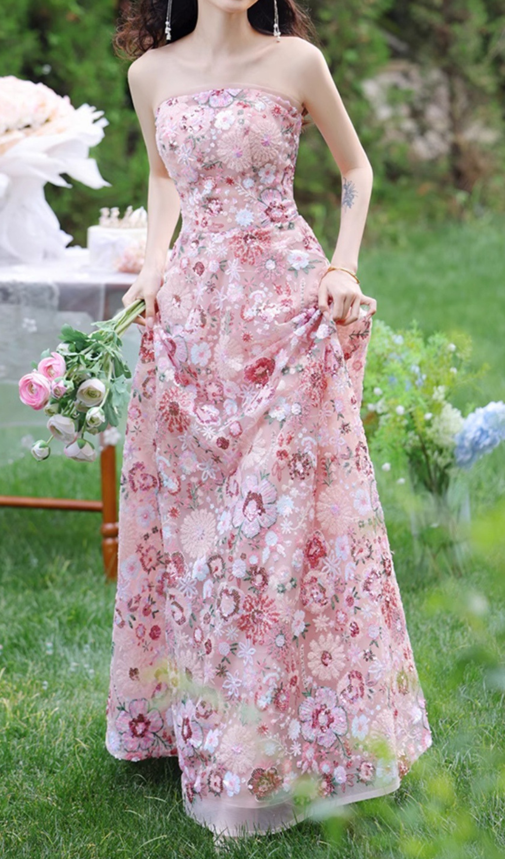 Fashionslee Women Geovany Pink Strapless Flower Sequin Maxi Dress