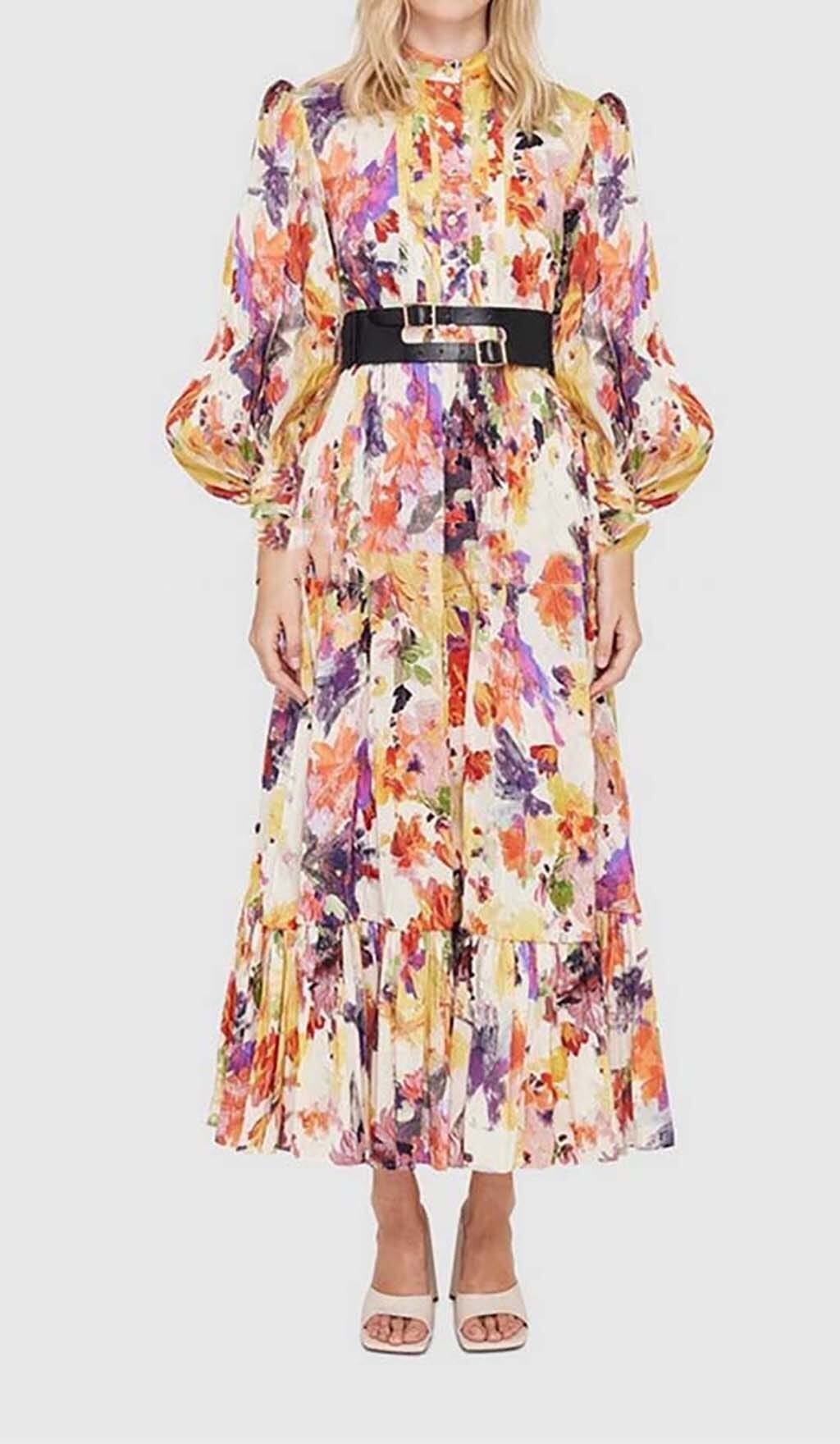 Fashionslee Women Poise Print Silk Midi Dress In Multi-Color
