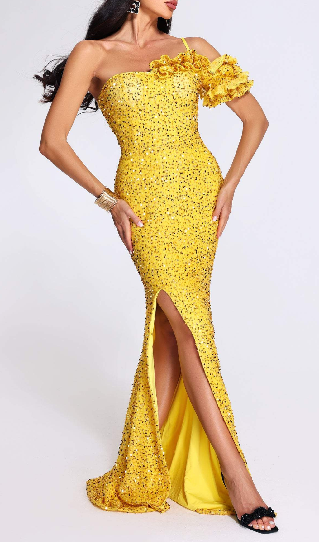 Fashionslee Women Ayn Yellow Sequined Slit Maxi Dress