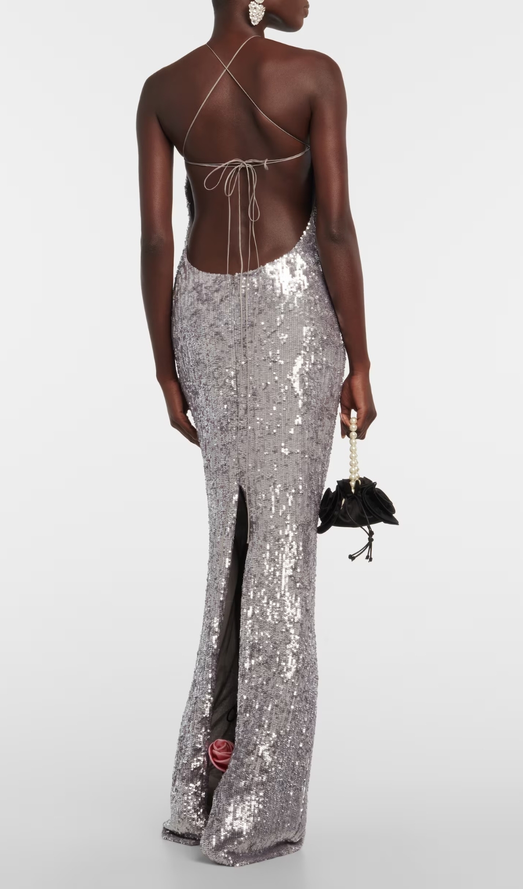 Fashionslee Women Betiana Silver Halter Flower Sequin Maxi Dress
