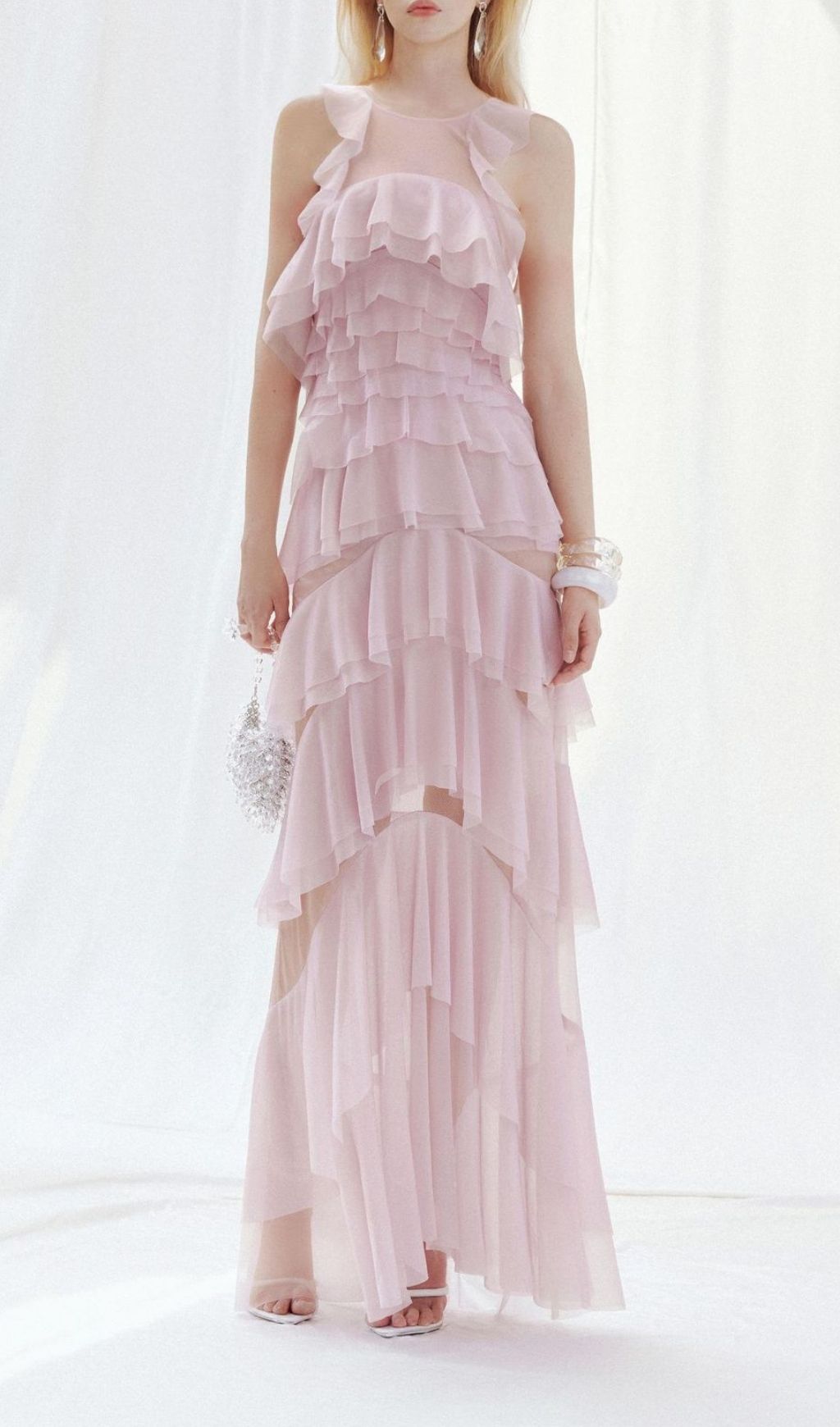 Fashionslee Women Knute Pink Ruffle Layered Backless Maxi Dress