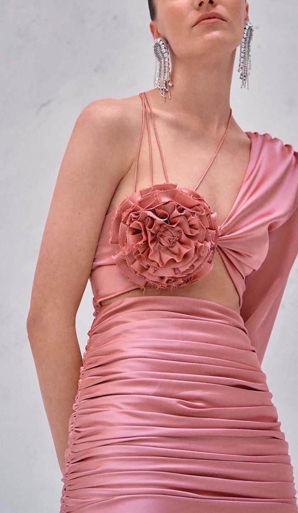 Fashionslee Women Floral One Shoulder Satin Mini Dress In Pink