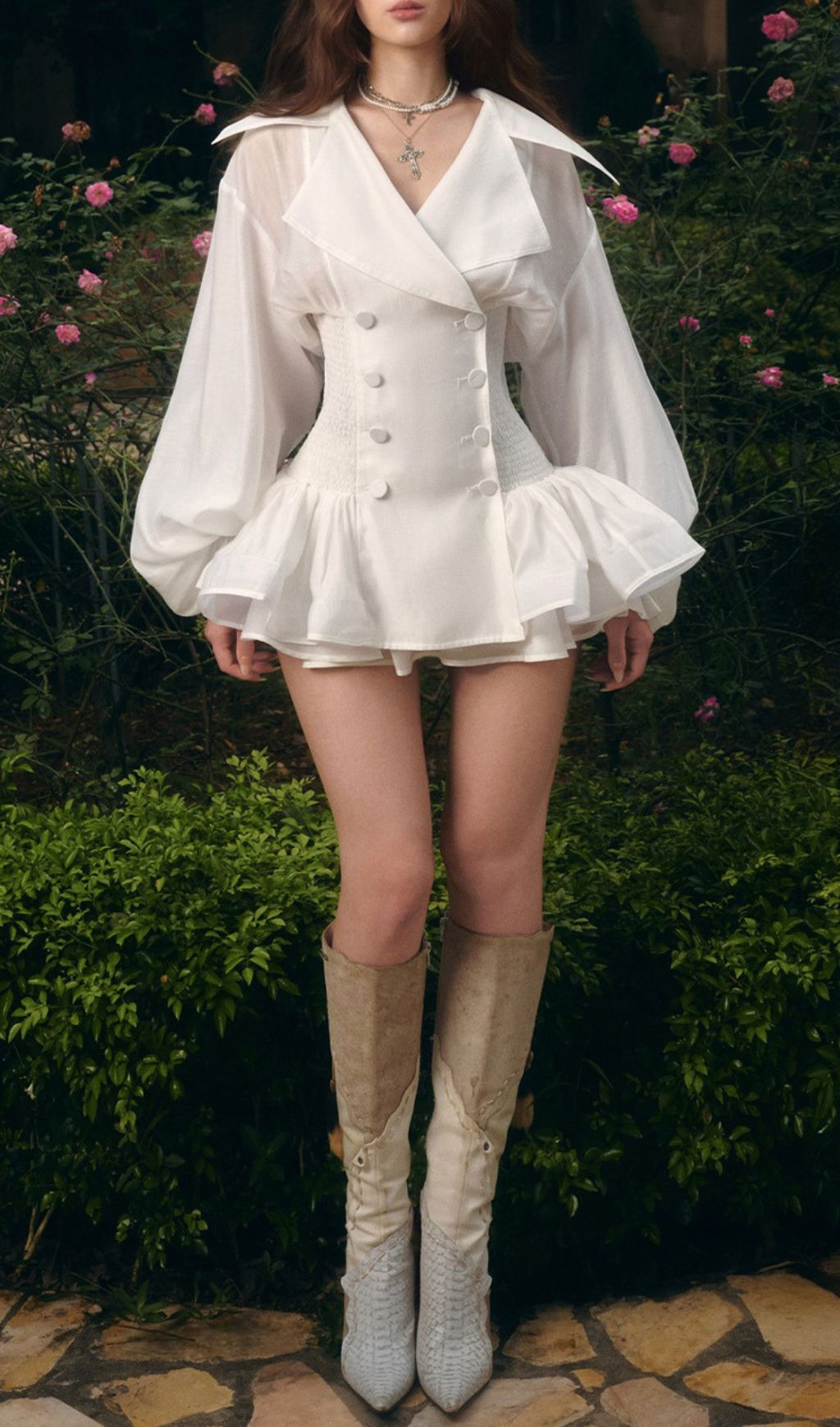 Fashionslee Women Igoné White Puff Sleeve Mini Dress