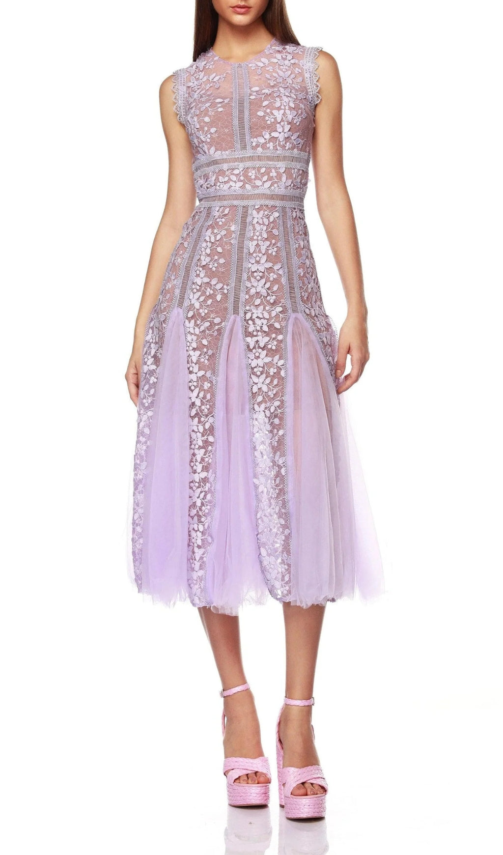 Fashionslee Women Audrianna Purple Embroidery Mesh Midi Dress