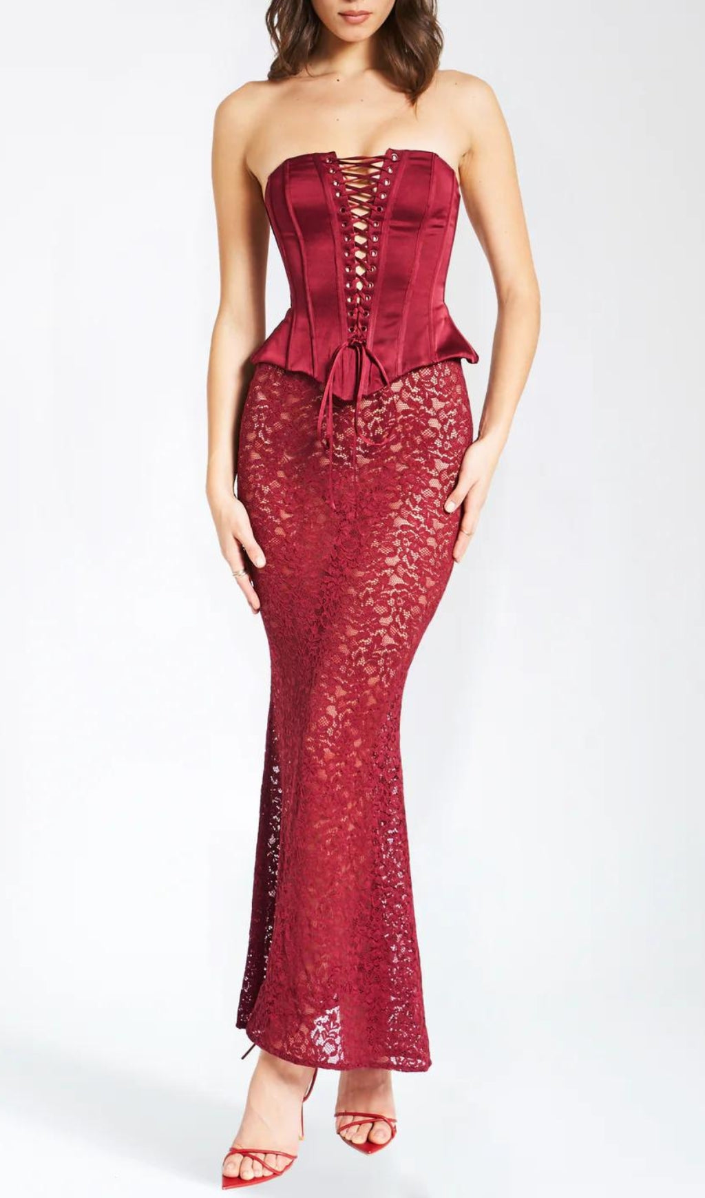 Fashionslee Women Aponi Burgundy Lace Corset Dress