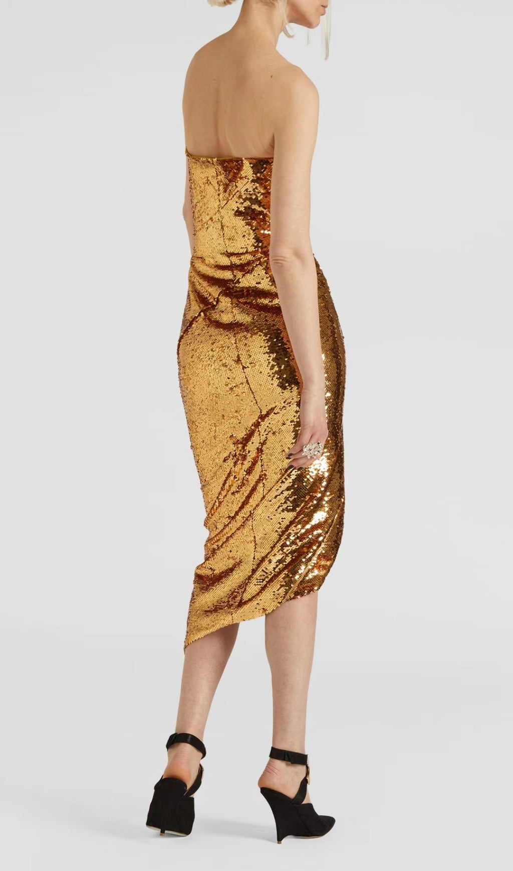 Fashionslee Women Alile Gold Asymmetric Sequin Midi Dress