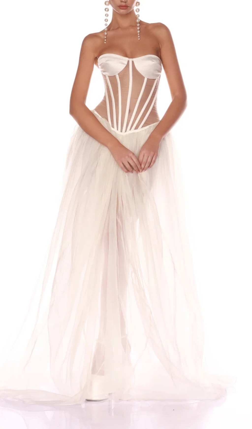 Fashionslee Women Baya White Strapless Corset Mesh Maxi Dress
