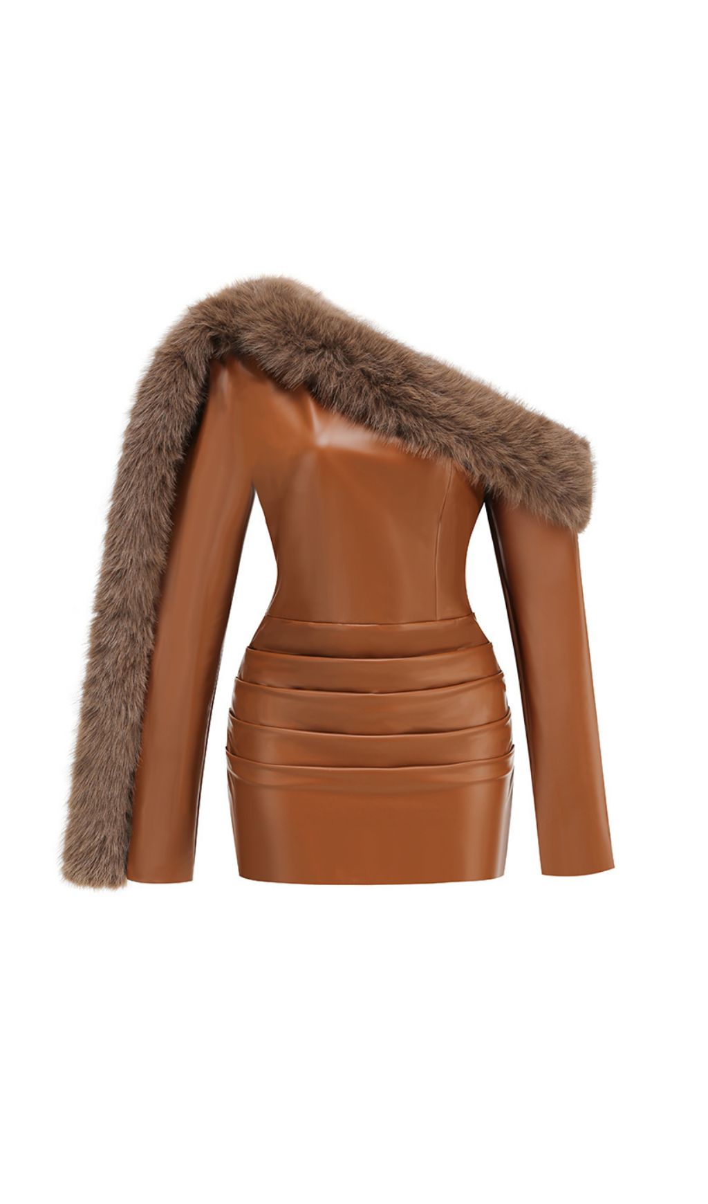 Fashionslee Women João Long Sleeve Fur Detail Faux Leather Mini Dress