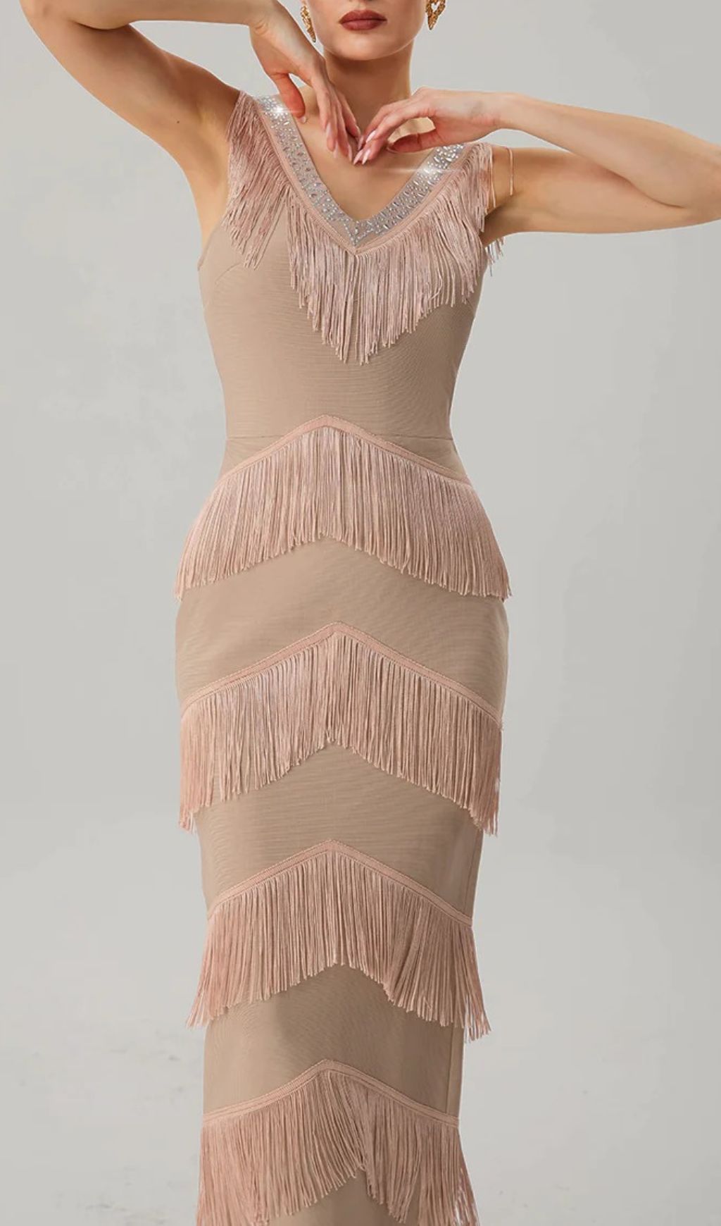 Fashionslee Women Kaleidrix V Neck Fringe Split Bandage Maxi Dress