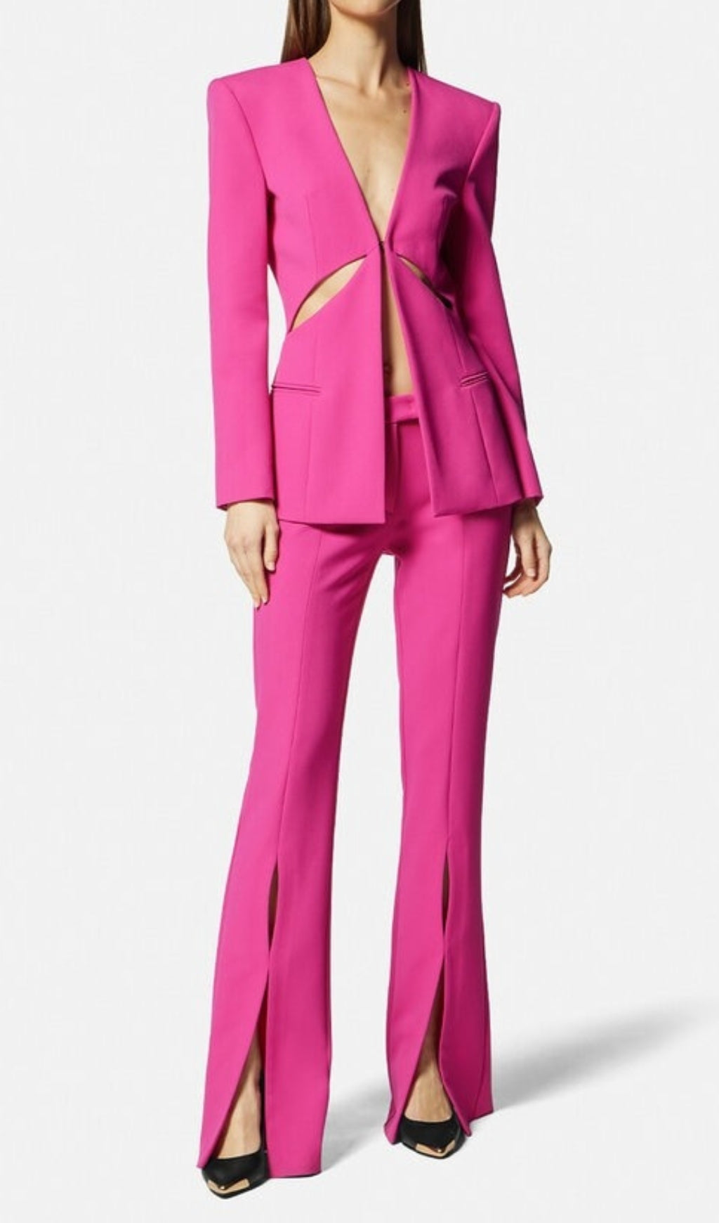 Fashionslee Women Hollow Collarless Blazer Slit Trouser Suit