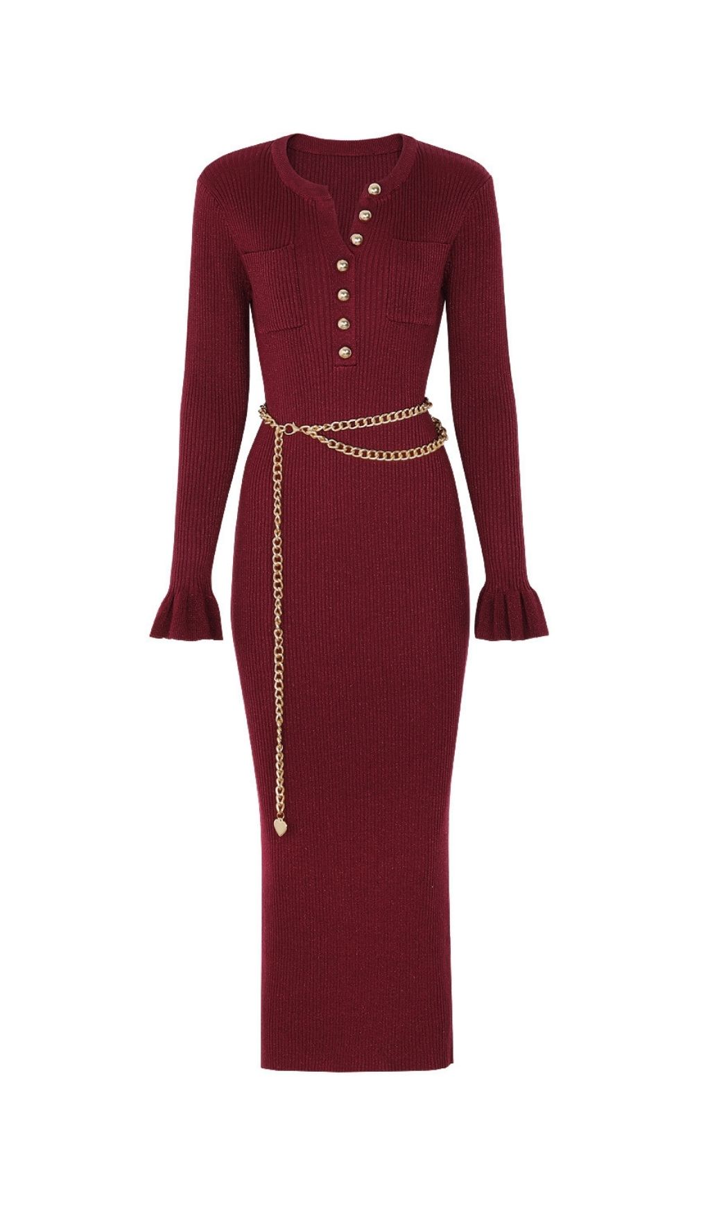 Fashionslee Women Kimani Wine Knit Long Sleeve Dress With Chain