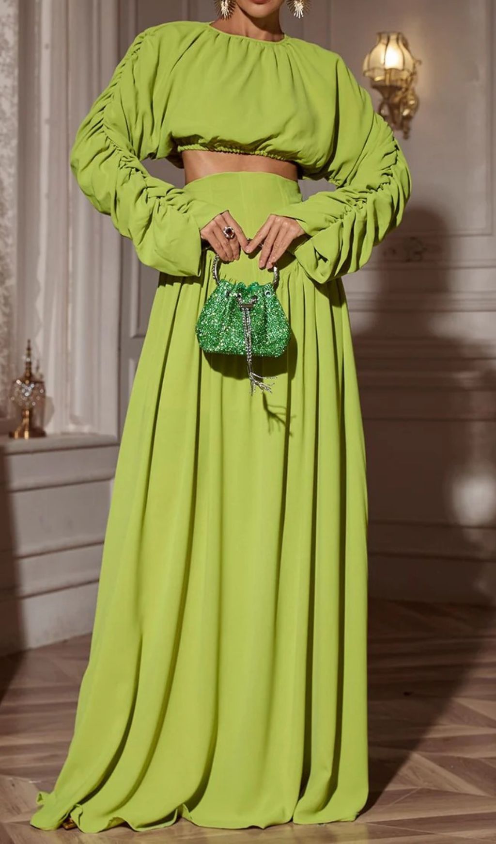 1173205ffc80ed97f110a66e1cdc10af.jpg Fashionslee Women Cricket Green Long Sleeve Ruched Skirt Set