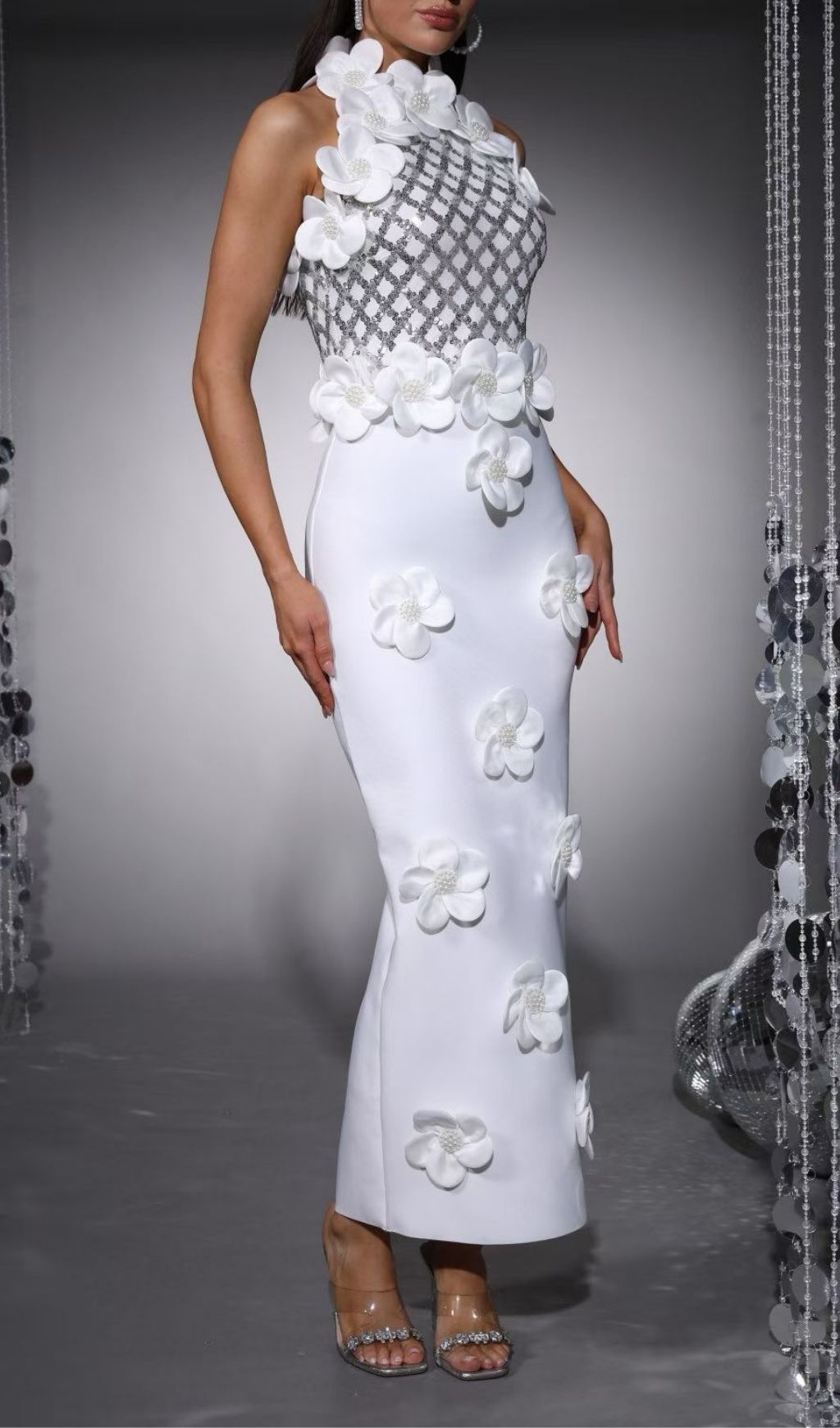 Fashionslee Women Kendi White Halter Flower Sequin Bandage Maxi Dress