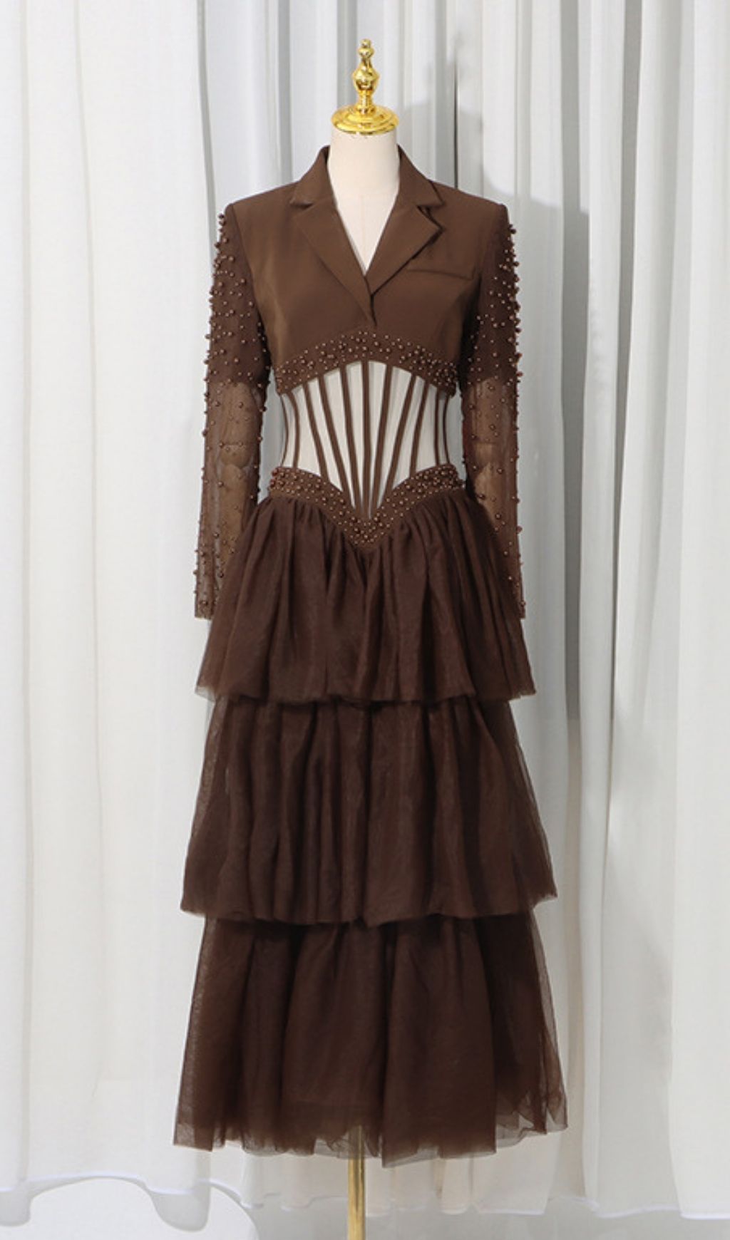 11b97107035a8e24d324d936542a36c3.jpg Fashionslee Women Kaysar Coffee Beaded Corset Mesh Maxi Dress