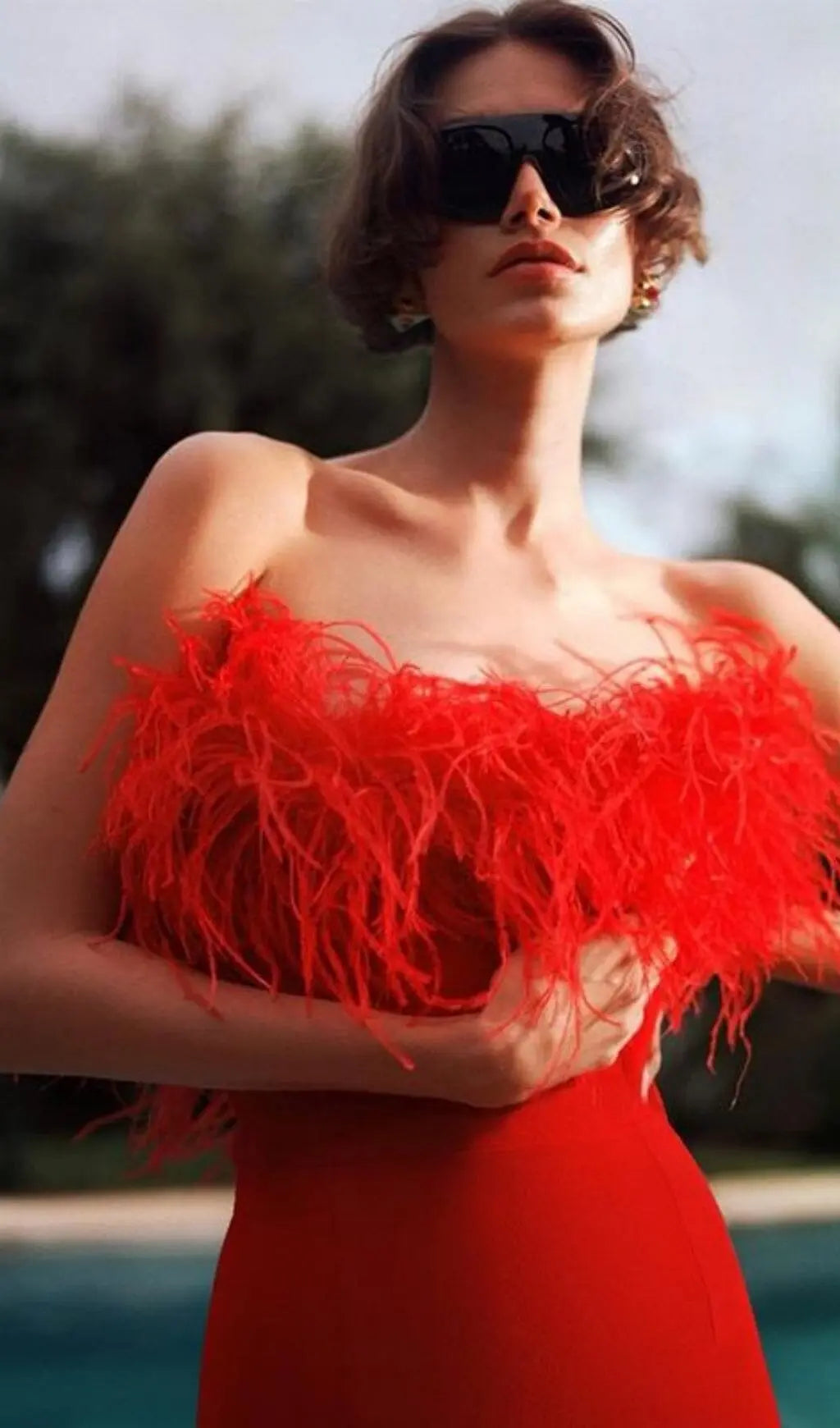 11ed508c0a843e05c41d126793fab554.jpeg Fashionslee Women Stretch Strapless Feather Trimmed Gown In Red