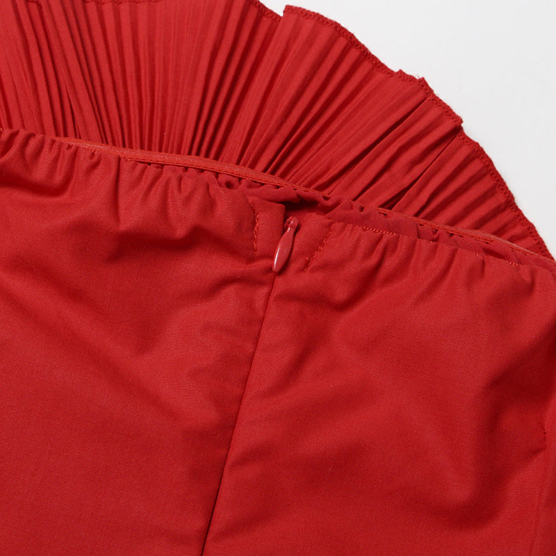 120b472d9ecfcb3c3f339b5d8fa1ad91.jpeg Fashionslee Women Strapless Flower Pleated Top In Red