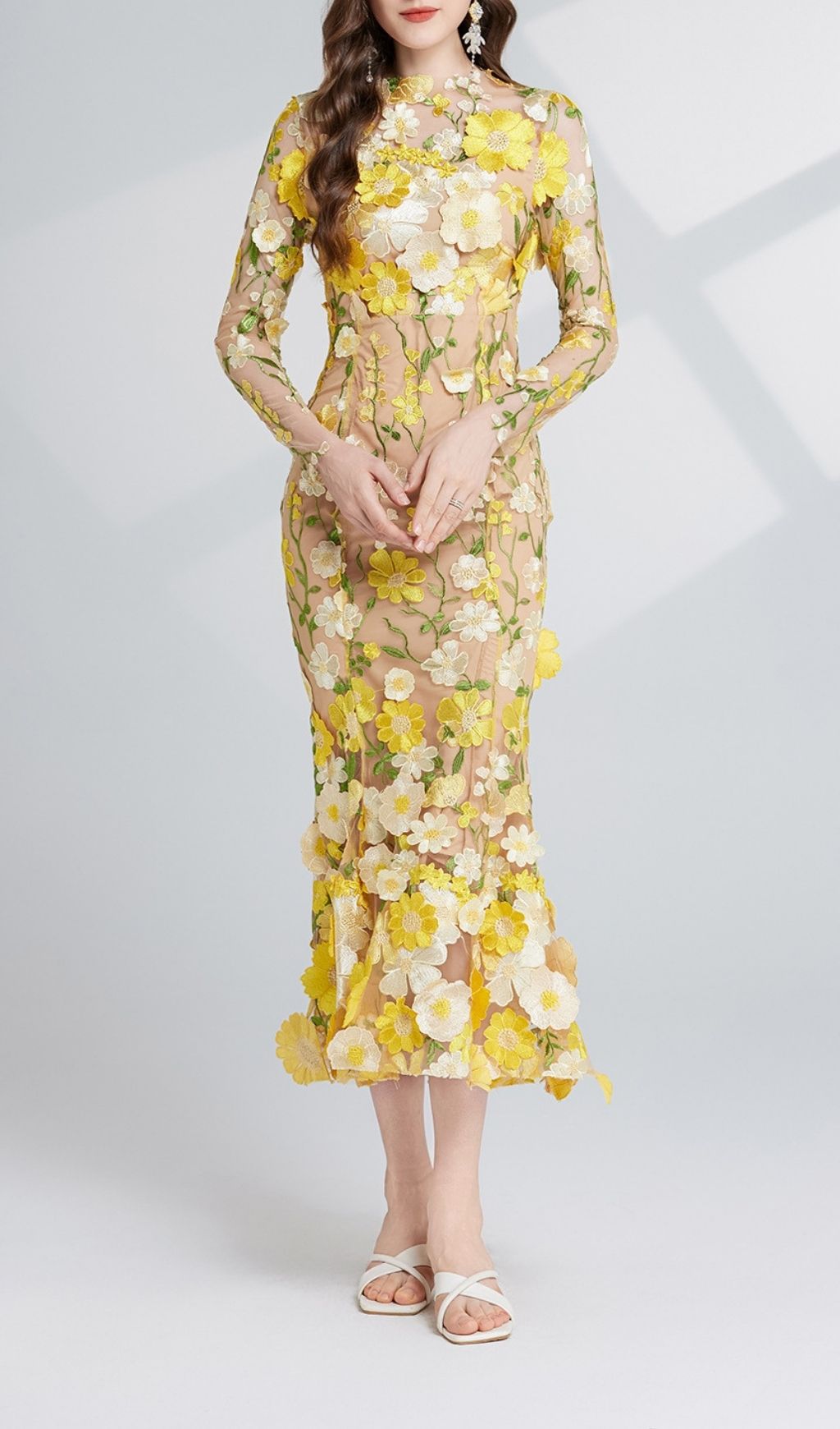 Fashionslee Women Carol Yellow Floral Embroidery Mesh Fishtail Long Sleeve Midi Dress