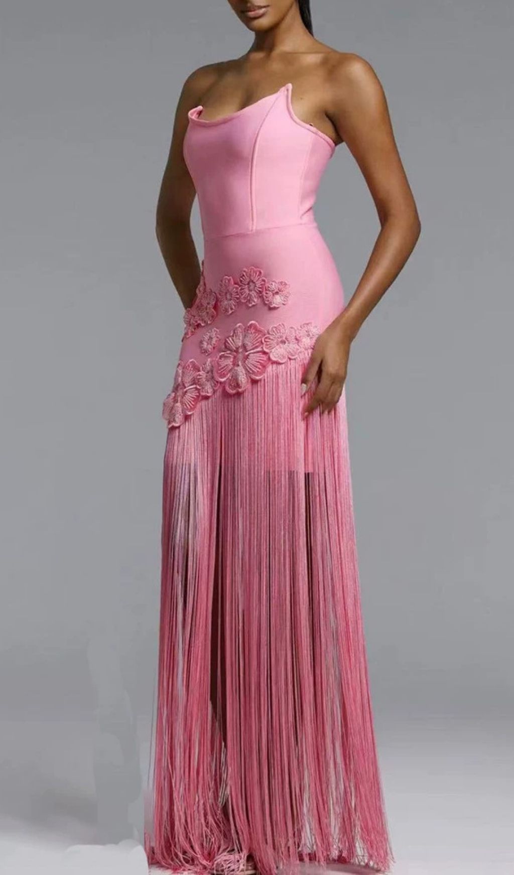 Fashionslee Women Koa Pink Strapless Flower Tassel Bandage Maxi Dress