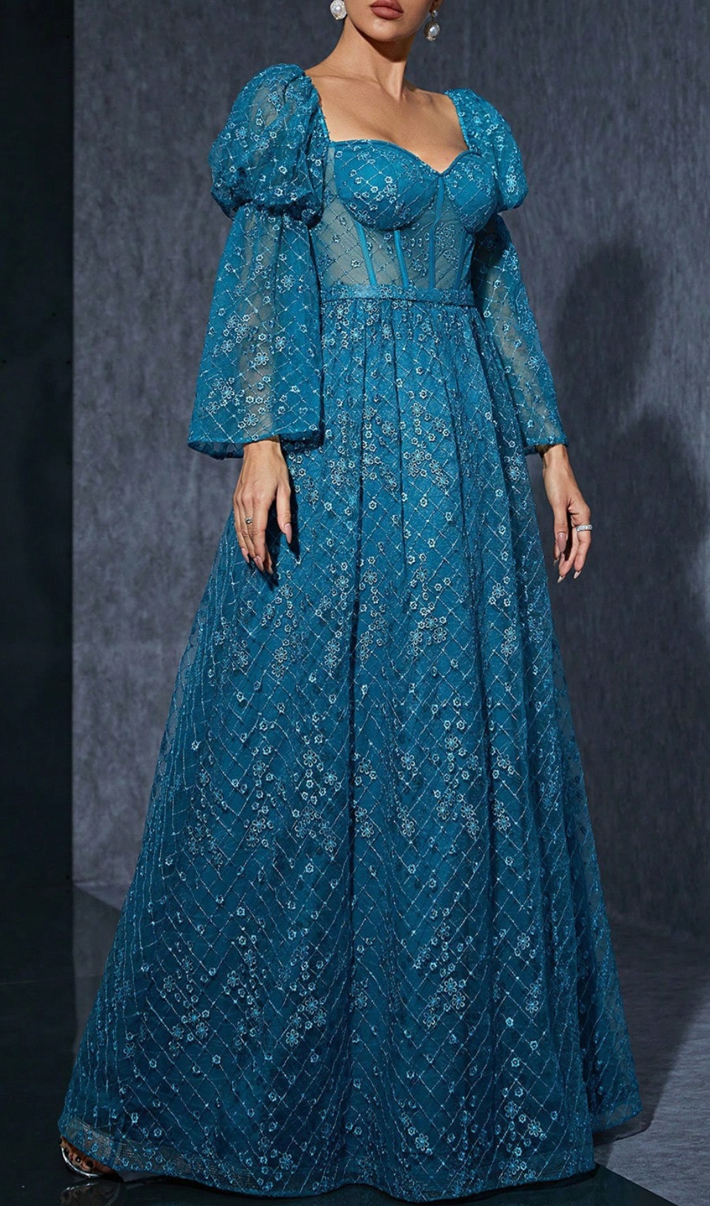Fashionslee Women Dita Blue Corset Floral Embroidery Maxi Dress