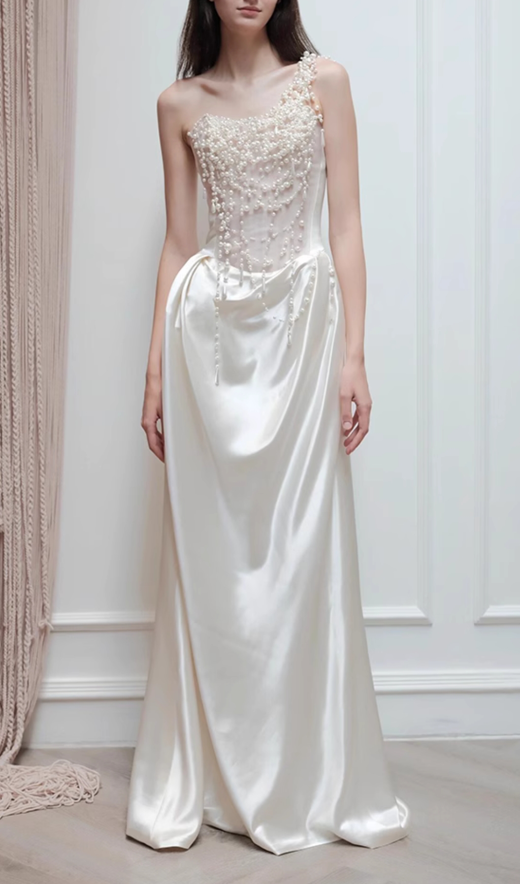 Fashionslee Women Cali White Pearl One-Shoulder Wedding Dress