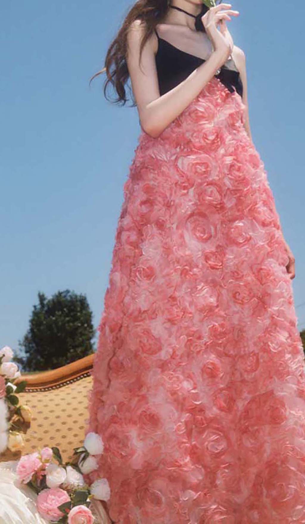 Fashionslee Women Rose Appliquéd Spaghetti Maxi Dress In Pink