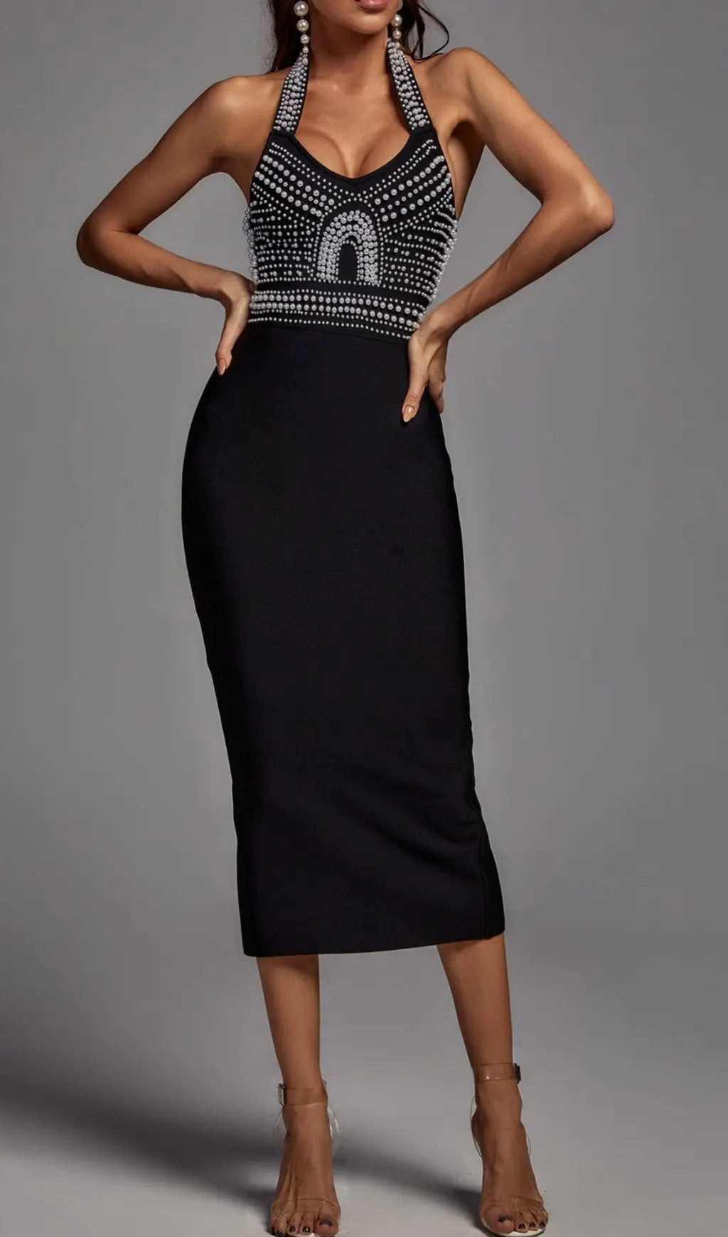 Fashionslee Women Black Pearl Halter Bandage Midi Dress