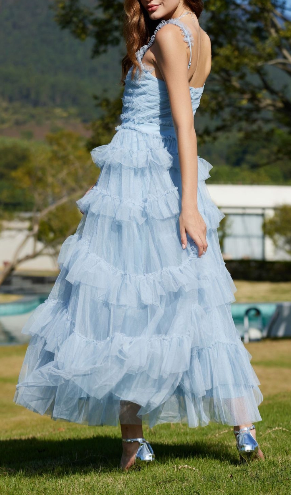 Fashionslee Women Blue Ruffle V Neck Sleeveless Tiered Tulle Maxi Dress