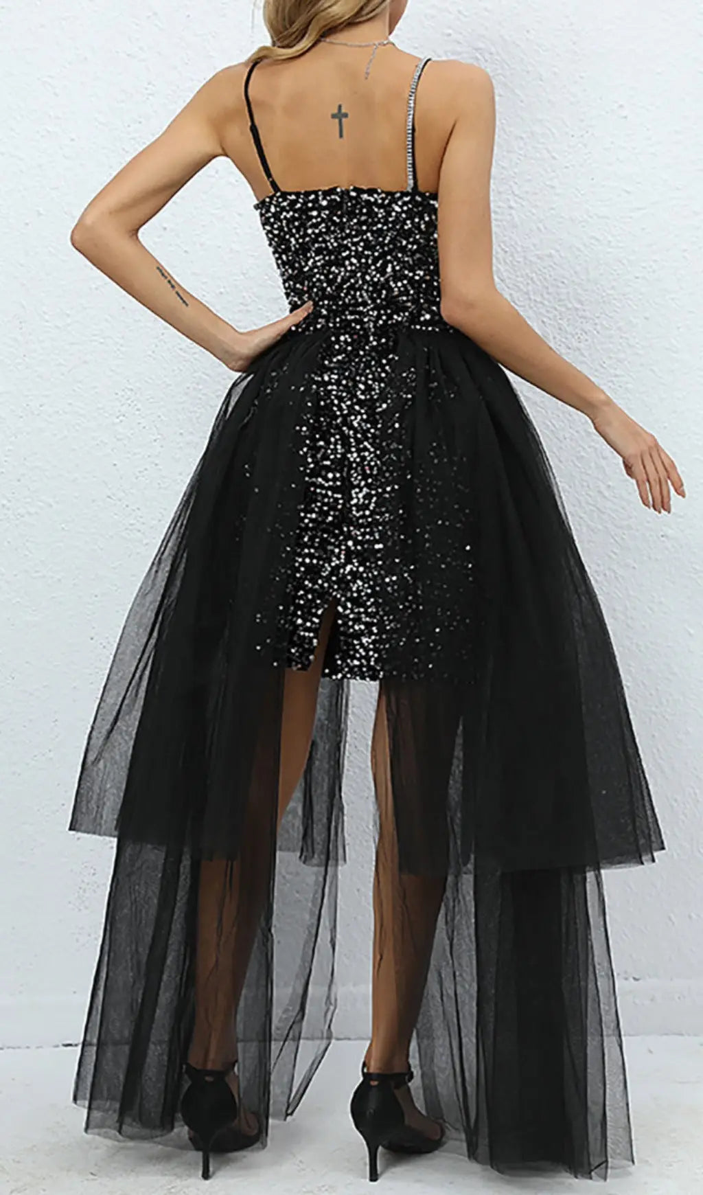 Fashionslee Women Strappy Sequin Mesh A-Line Dress