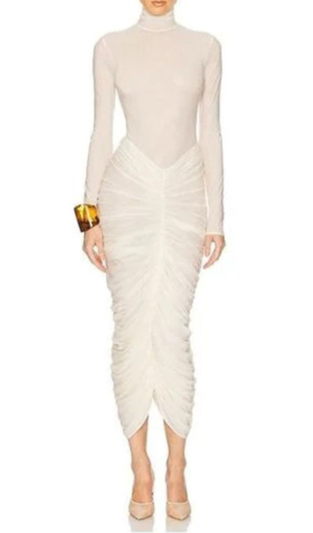 Fashionslee Women Jabbar White Ruched Long Sleeve Midi Dress