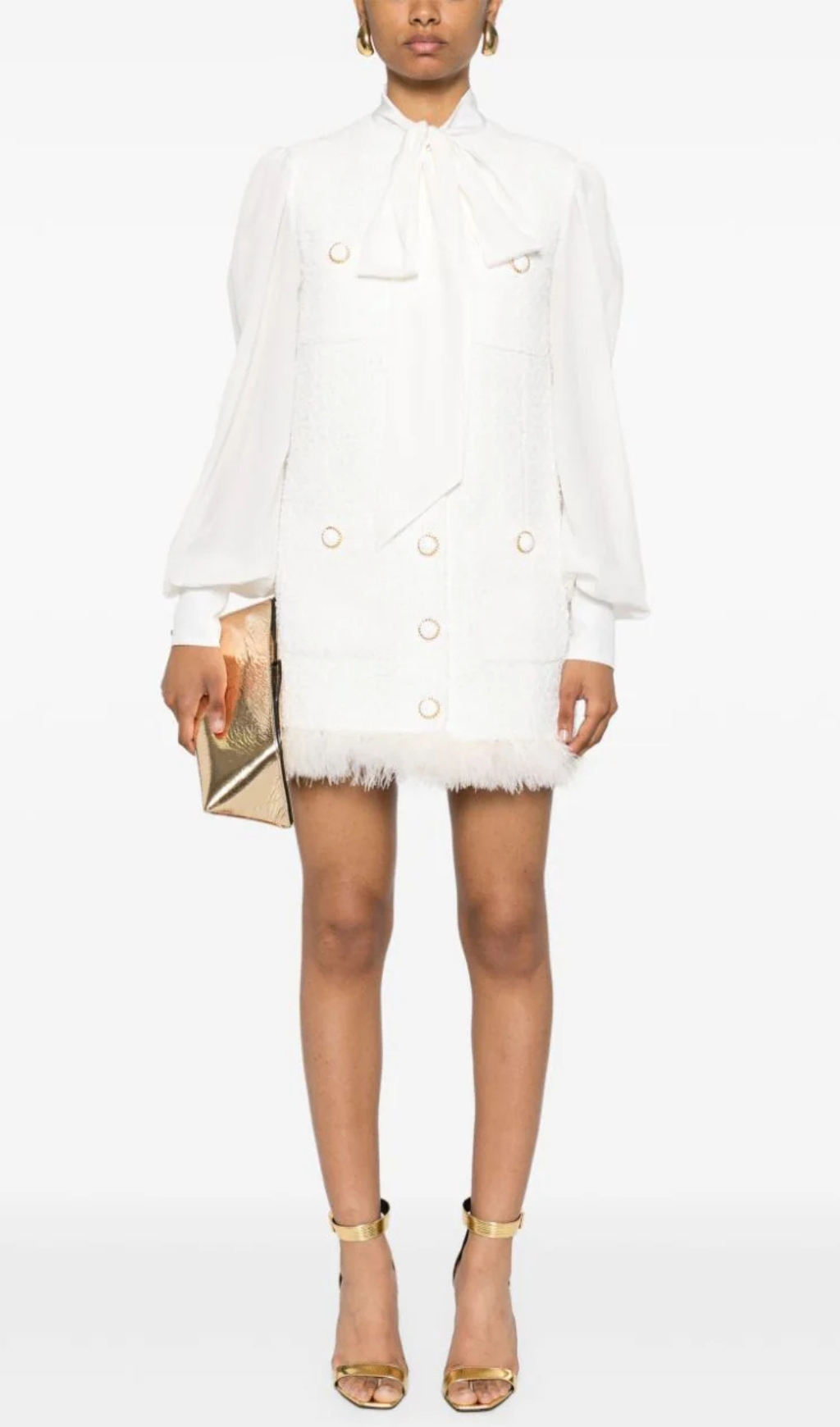 13e4ba89ca4592c80c7c2cab073b8465.jpg Fashionslee Women Bush White Feather-Trim Tweed Mini Dress