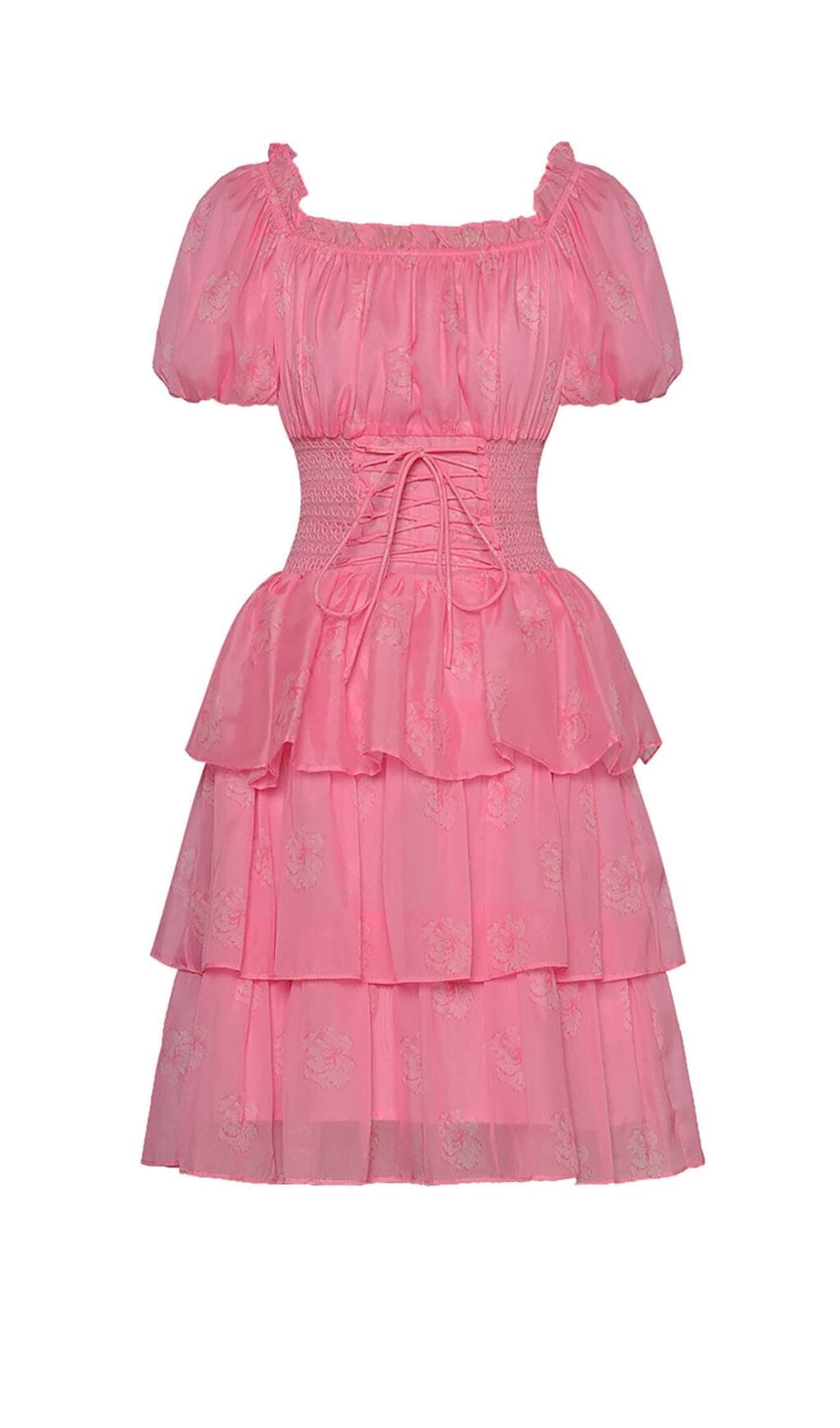 Fashionslee Women Puff Sleeve Tiered Mini Dress In Pink