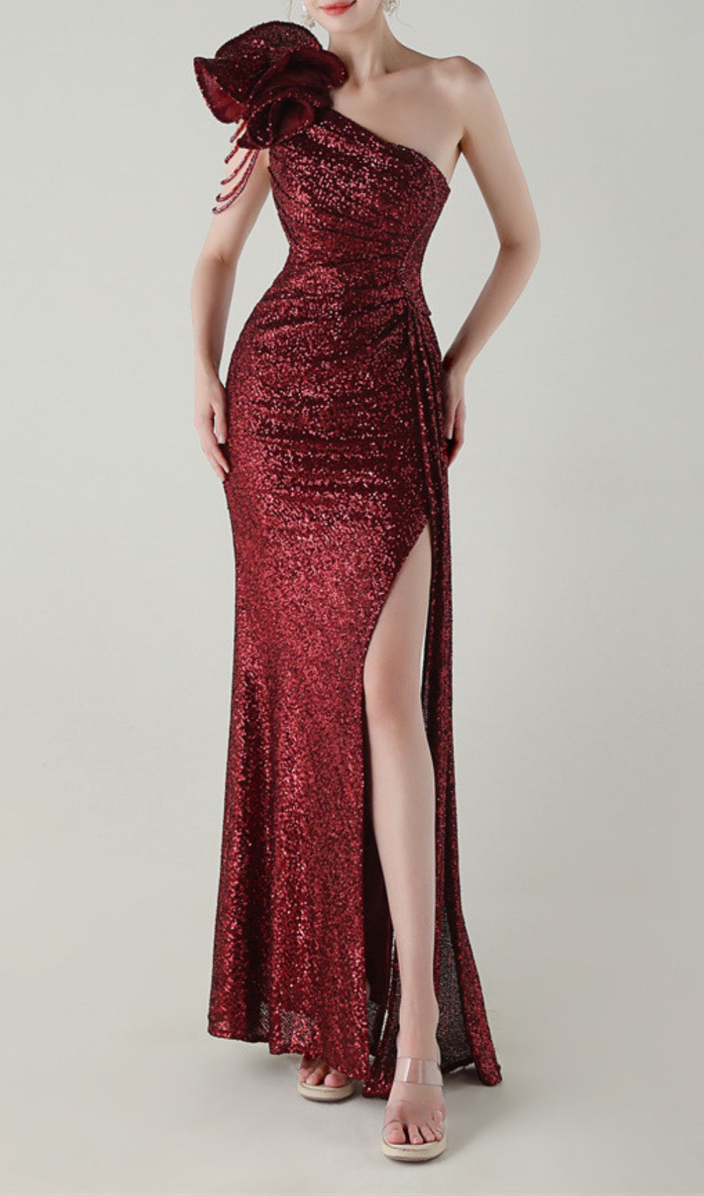 Fashionslee Women Ikia Red One-Shoulder Sequin Maxi Dress