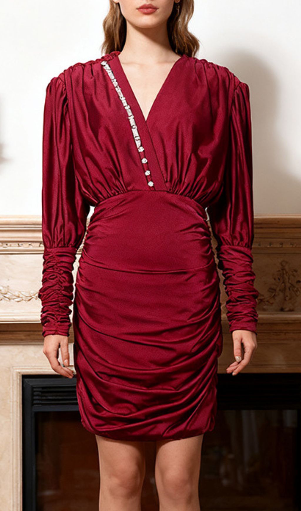 Fashionslee Women Isaline Red Ruched Long Sleeve Mini Dress
