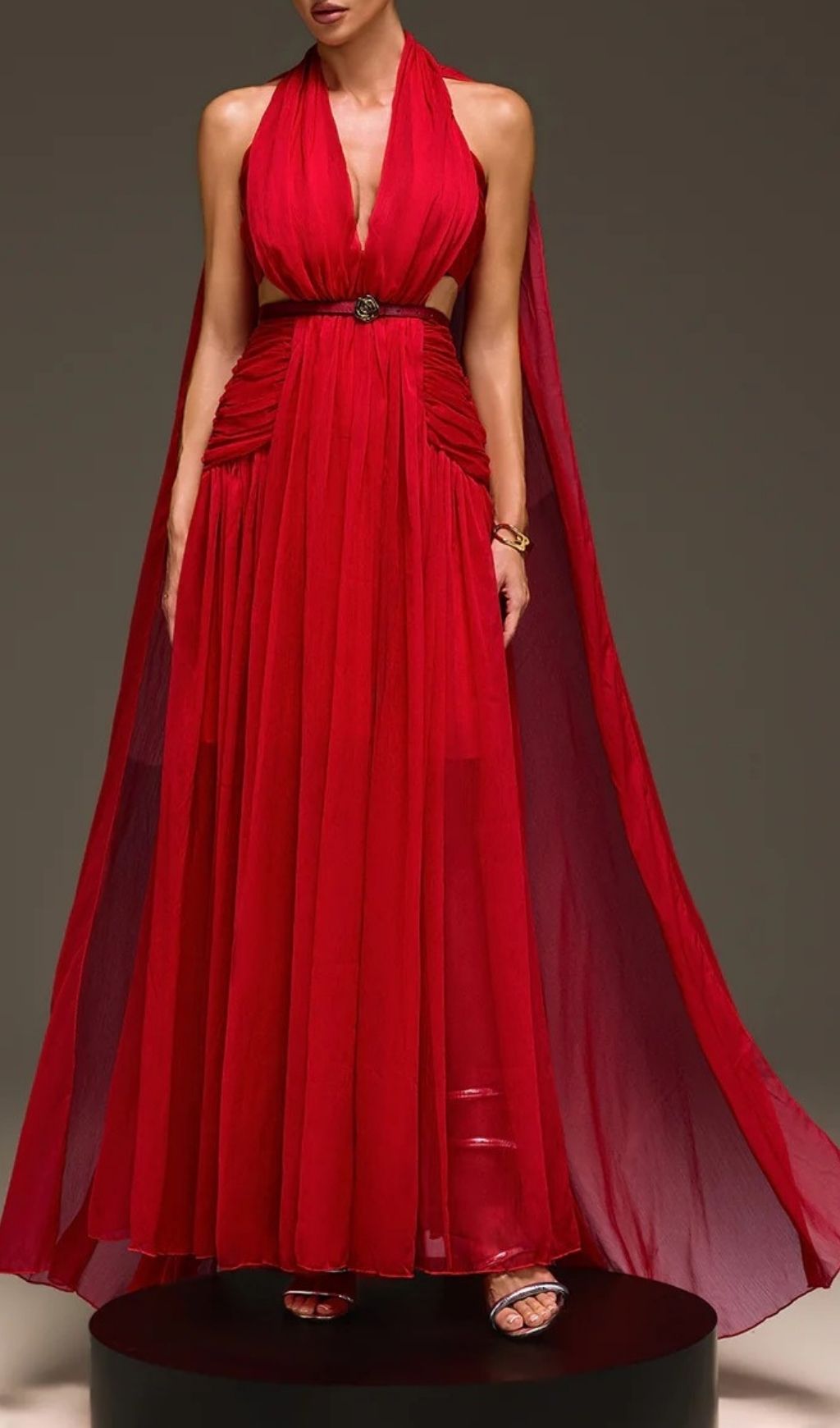 143cfbef3e421b7cdac204738cc0ec35.jpg Fashionslee Women Galthera Plunge Neck Cape Ruched Maxi Dress