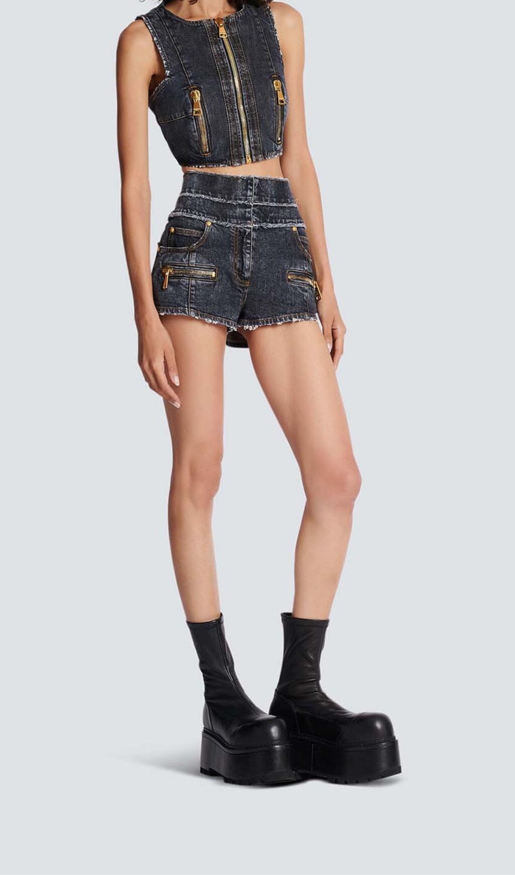 TRENDING HIGH-WAIST FADED DENIM COORD SET - OWNCI TRENDING HIGH-WAIST FADED DENIM COORD SET - OWNCI