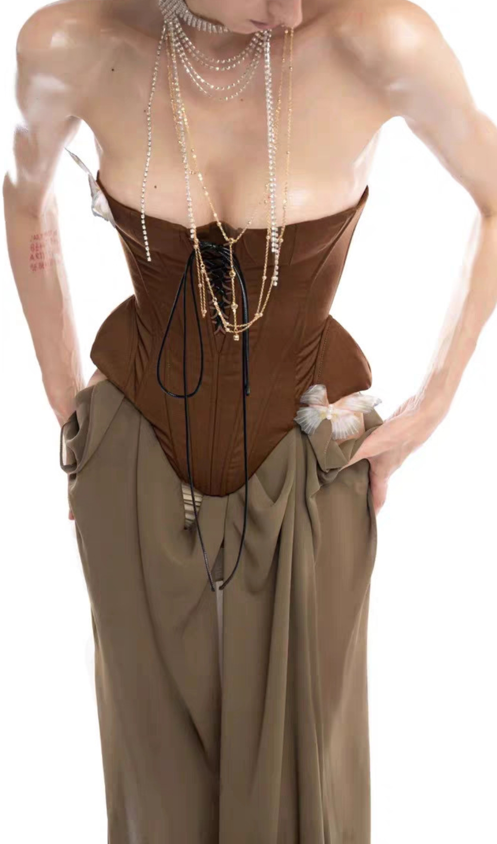 Fashionslee Women Edna Brown Strapless Corset Maxi Dress