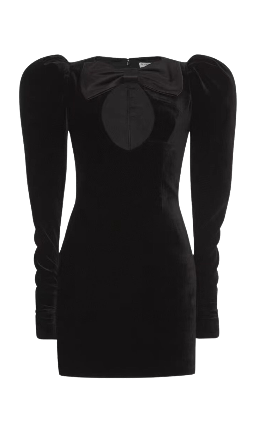 1464e4ef67dc5fe07c60ec556dc87a44.jpeg Fashionslee Women Black Velvet Hollow Bow Long-Sleeve Mini Dress