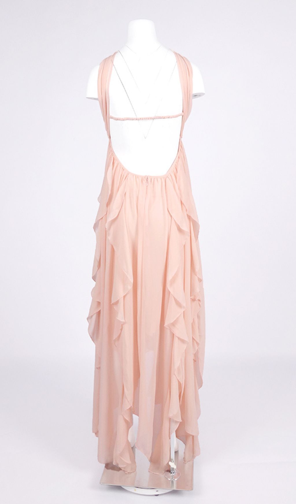 VIRAL NUDE BACKLESS MAXI DRESS IN LAYERED CHIFFON - OWNCI