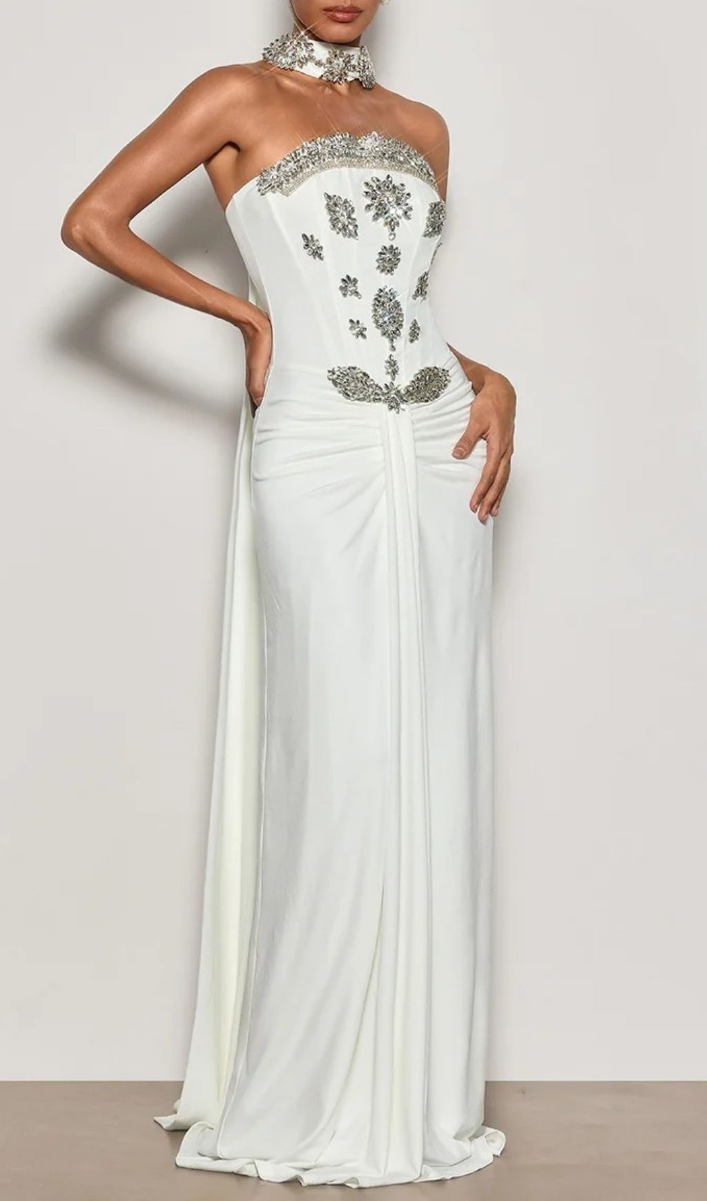1489b66258fec7299fd872795e503a27.jpg Fashionslee Women Kestrel White Diamante Ruched Maxi Dress