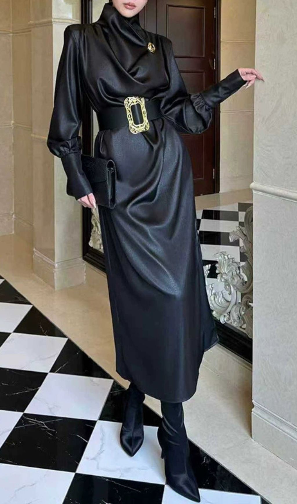 Fashionslee Women Imad Black Long Sleeve Belt Maxi Dress