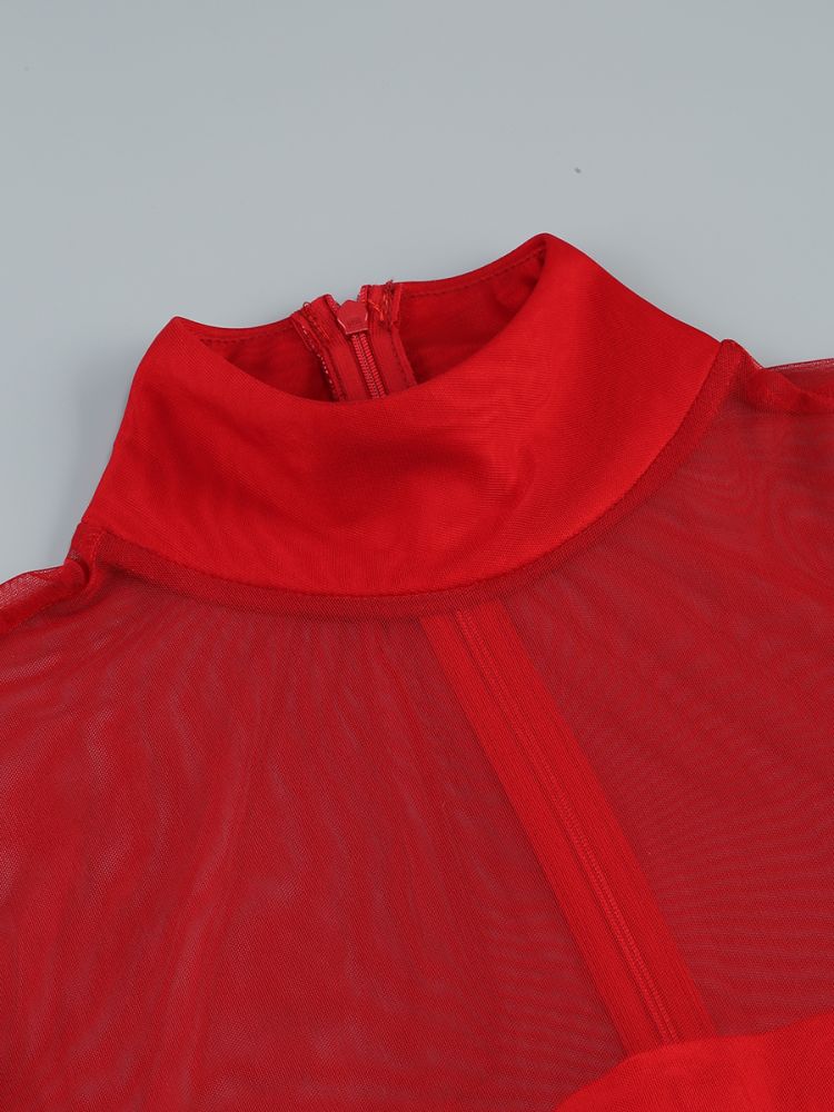 Fashionslee Women Britain Red Petal Detail Long Sleeve Mini Dress