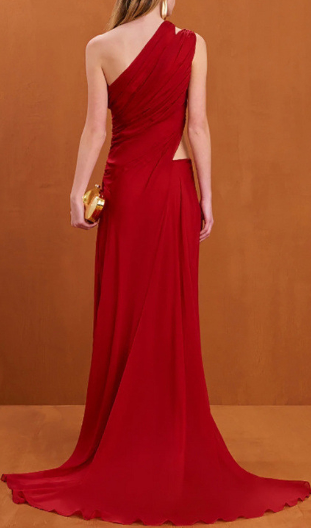 Fashionslee Women Red One Shoulder Ruched Cut Out Maxi Dress