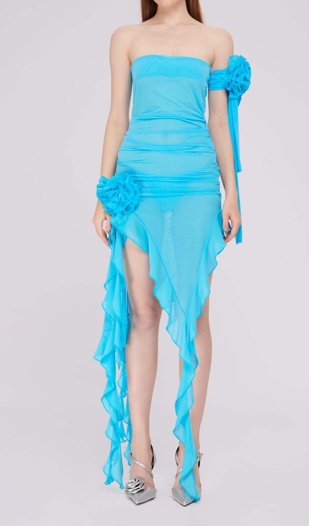Fashionslee Women Ruffle Rosette Mesh Midi Dress In Blue