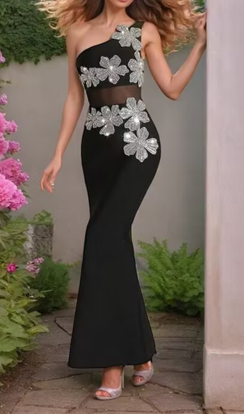 Fashionslee Women Donosa Black Flower One-Shoulder Bandage Maxi Dress