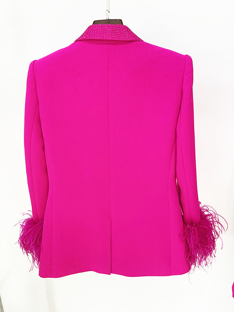 158f3fe2193df315f0390b733b71a8d6.jpeg Fashionslee Women Rhinestone Feather Blazer In Pink