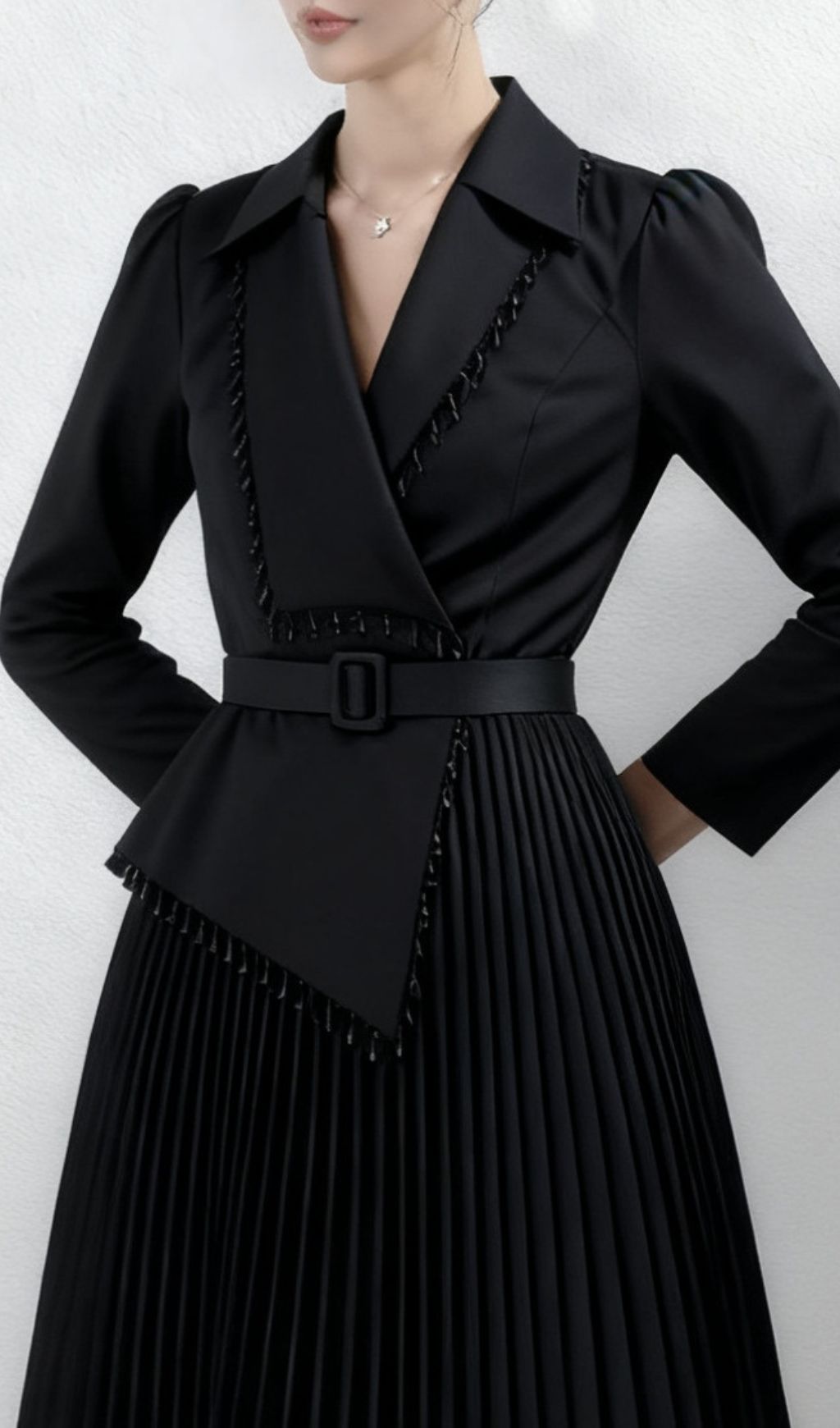 Fashionslee Women Ino Black Long Sleeve Pleated Midi Dress