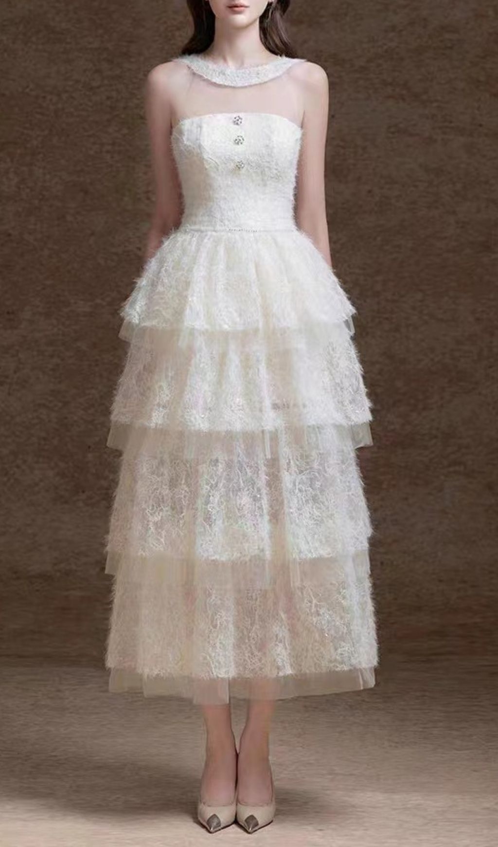Fashionslee Women Elfreda White Mesh Layered Midi Dress